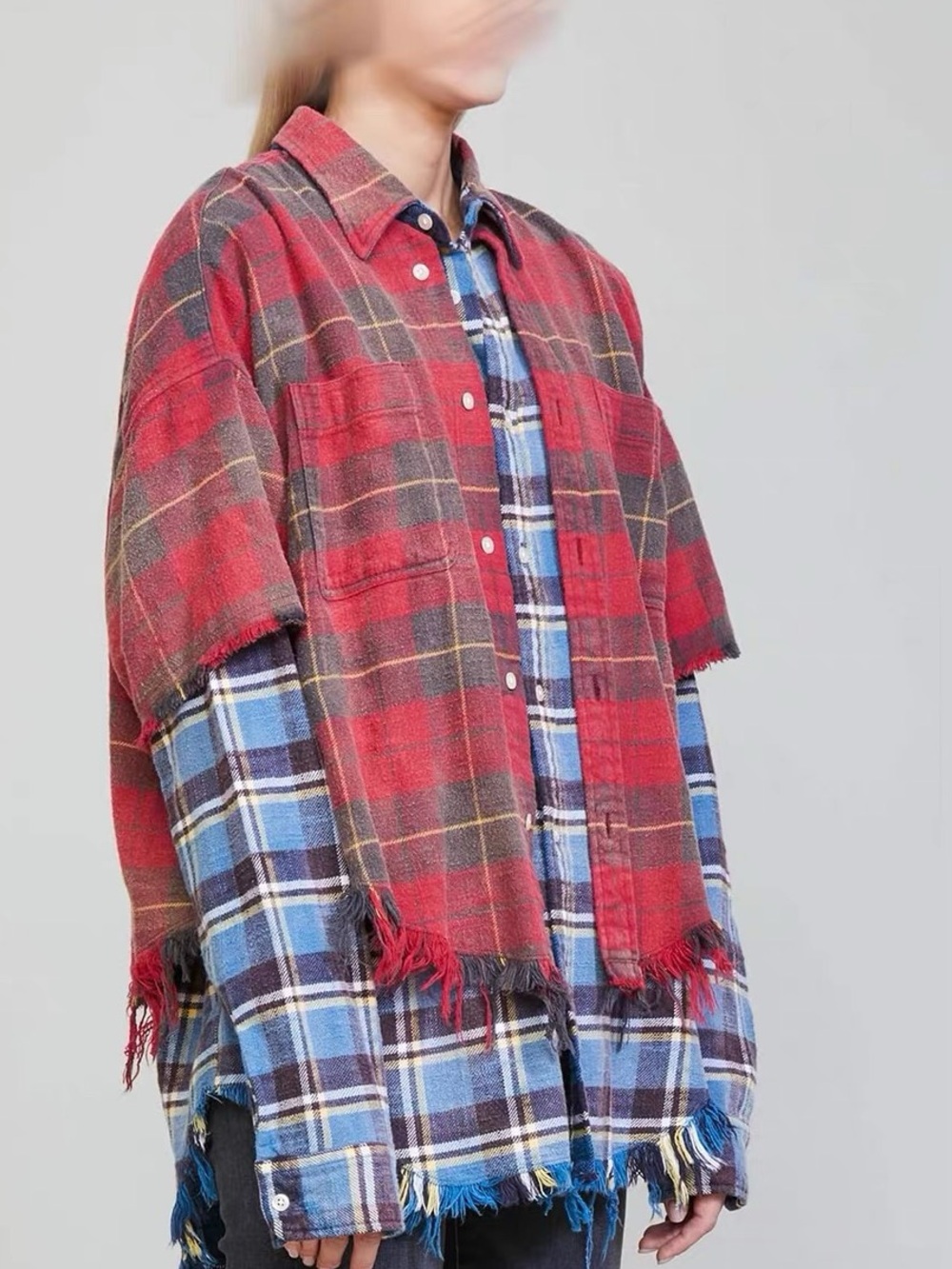 R13 Plaid Check Layered Shirt Layered Plaid Fringe Button-Down Shirt, XS